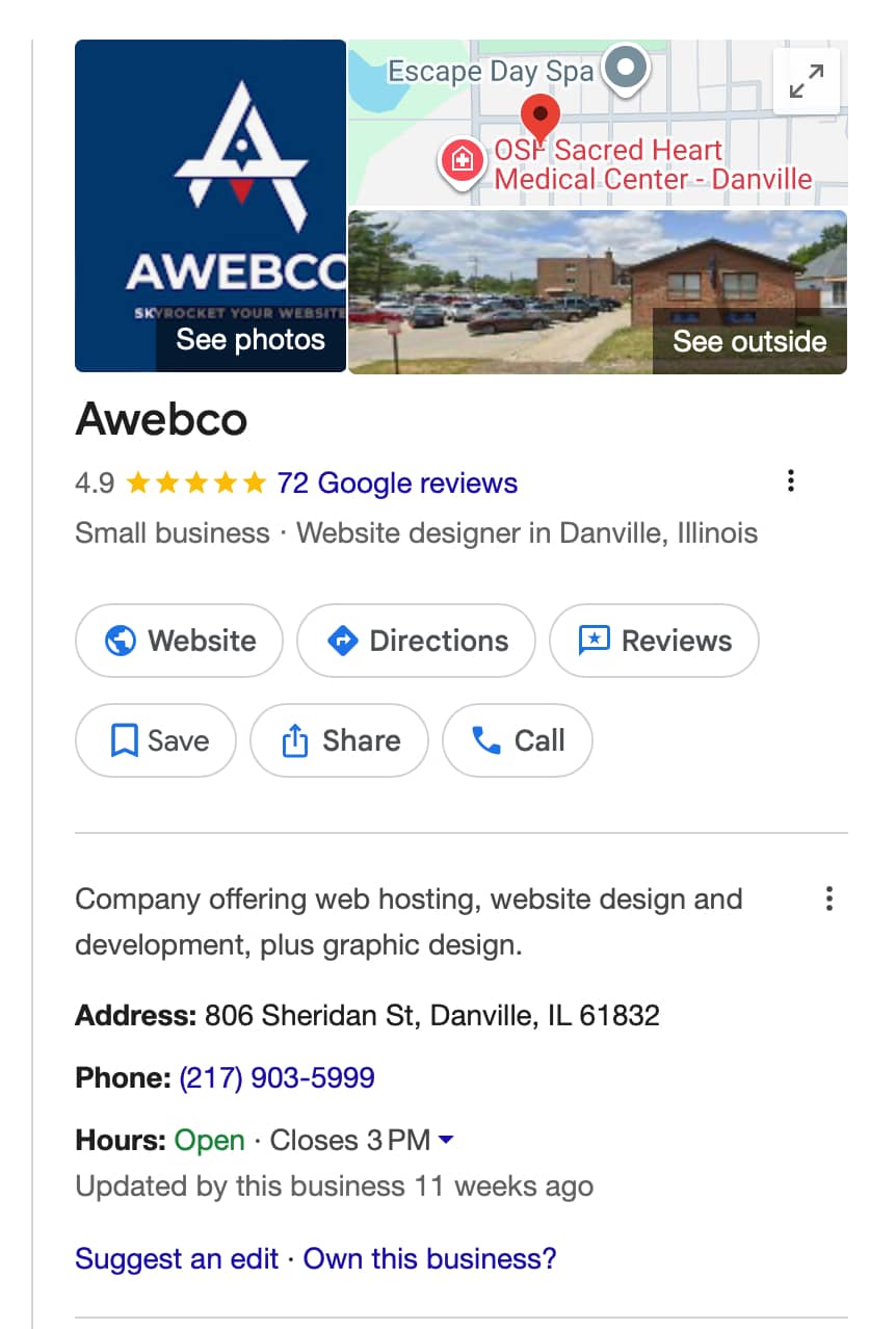 Google local listing of Awebco