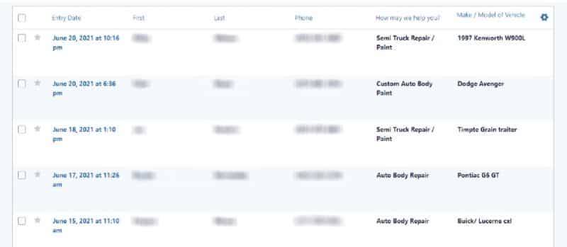 Auto body repair shop leads from website forms
