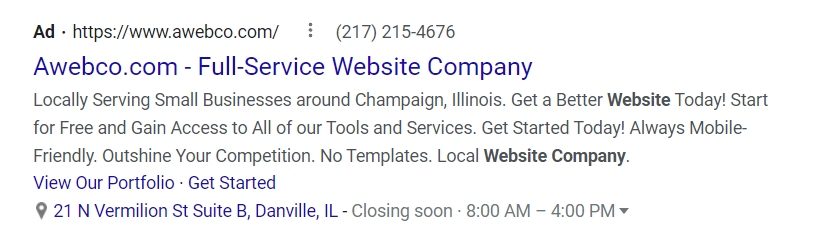 Awebco Google PPC ad example