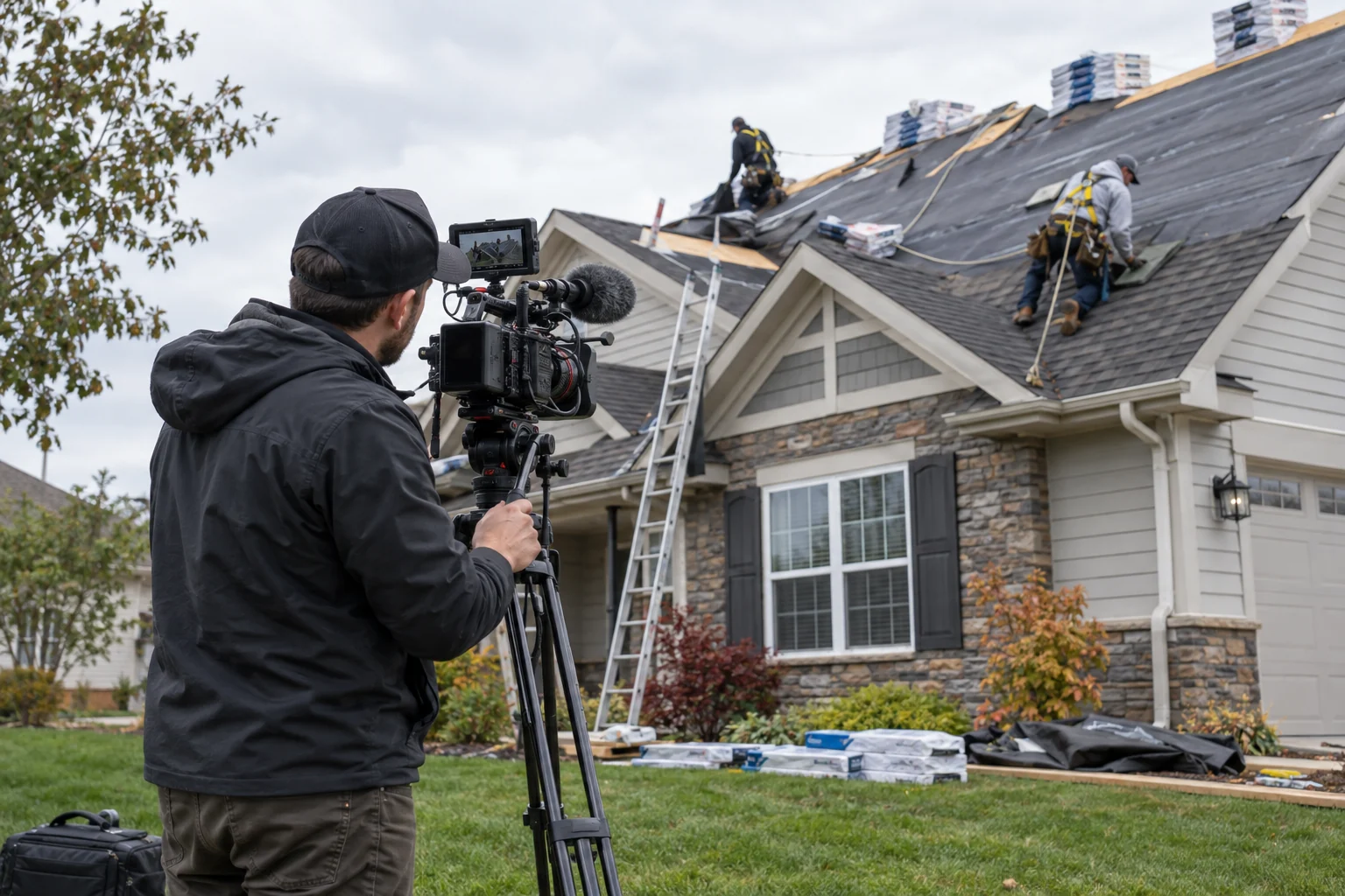Videographer filming a roofing crew working on a house