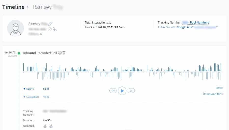 CallRail call tracking example from Google Ads campaign