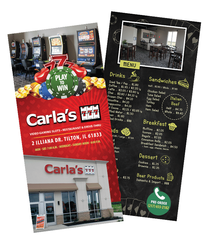 Carlas 777 Menus Designed & Printed by Awebco