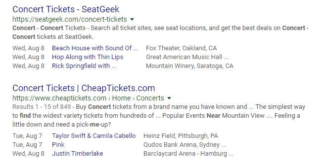 "Concerts Near Me" Search Results with Event Listing Schema
