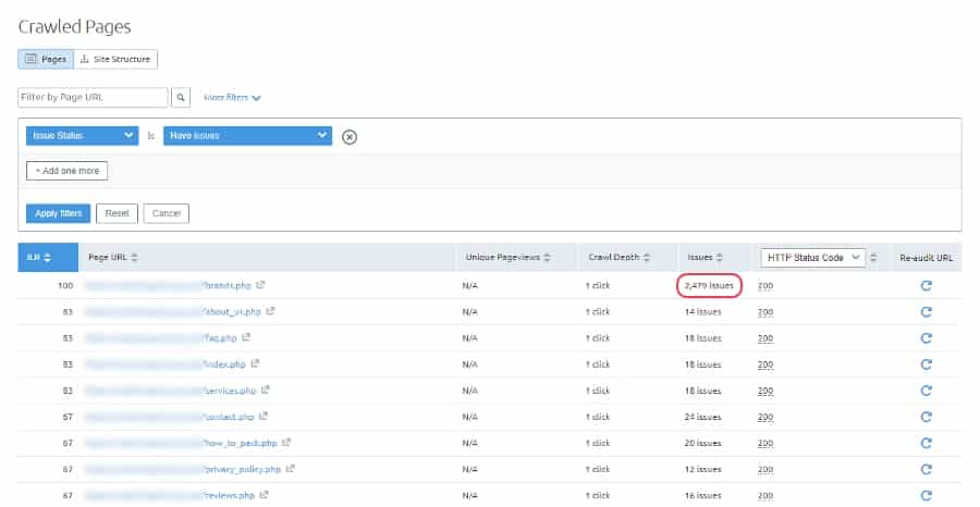 Crawled Pages With Issues Semrush Site Audit