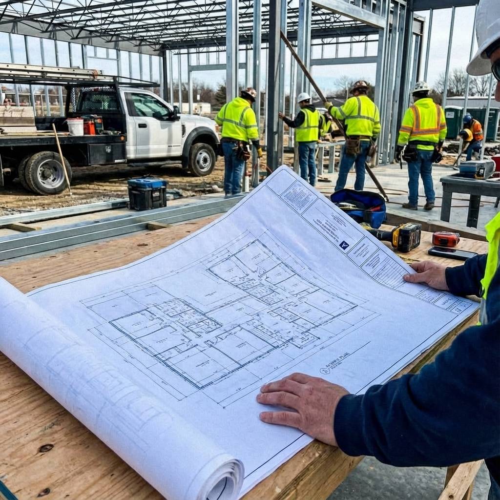 Blueprint overlaying an image of a thriving contractor business.