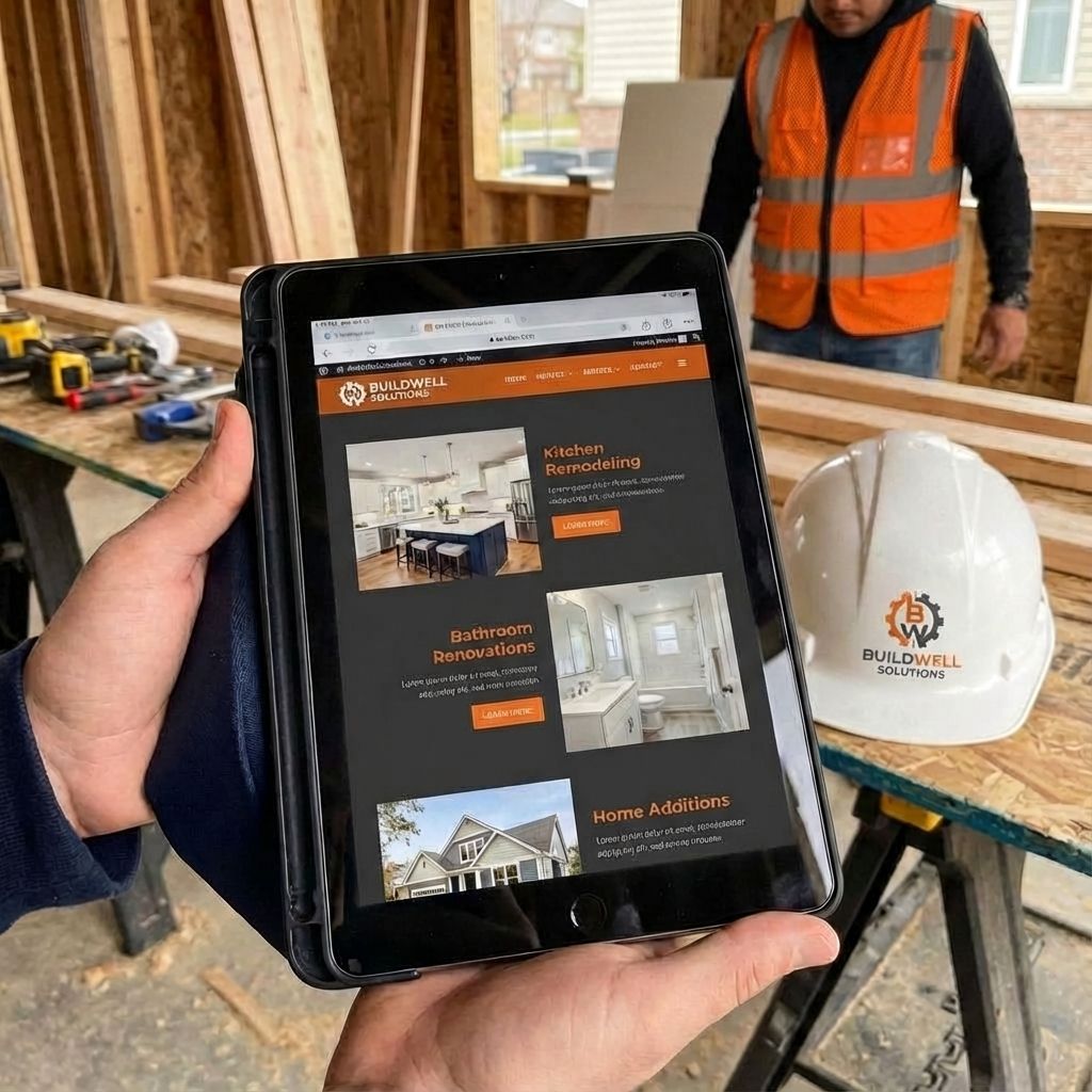 A modern, clean WordPress website design for a contractor business, showcasing service pages.