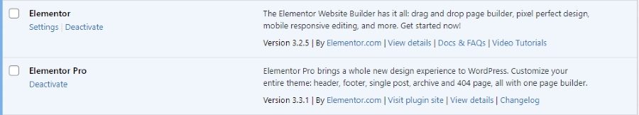 Elementor plugins activated in WordPress backend