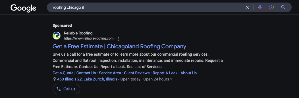Google Ad Example For A Roofing Company