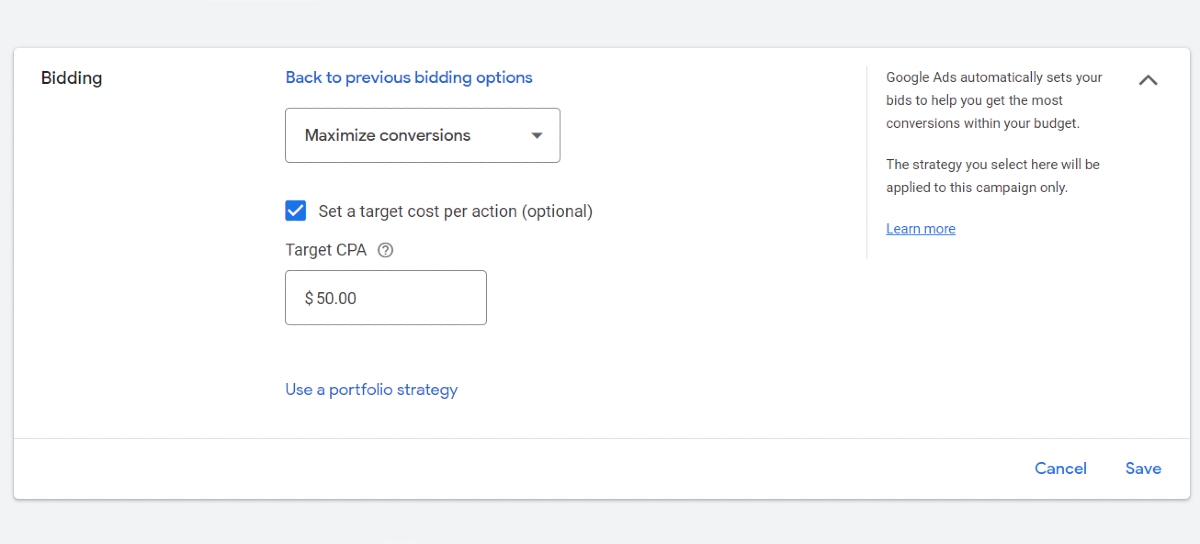 Maximum conversions bidding strategy example