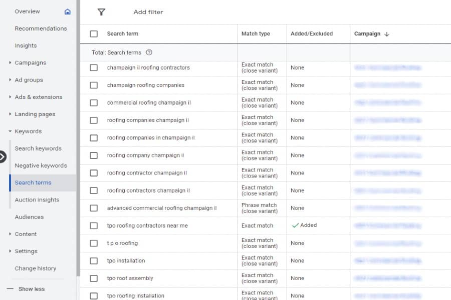 Monitor Roofing Keyword Search Terms