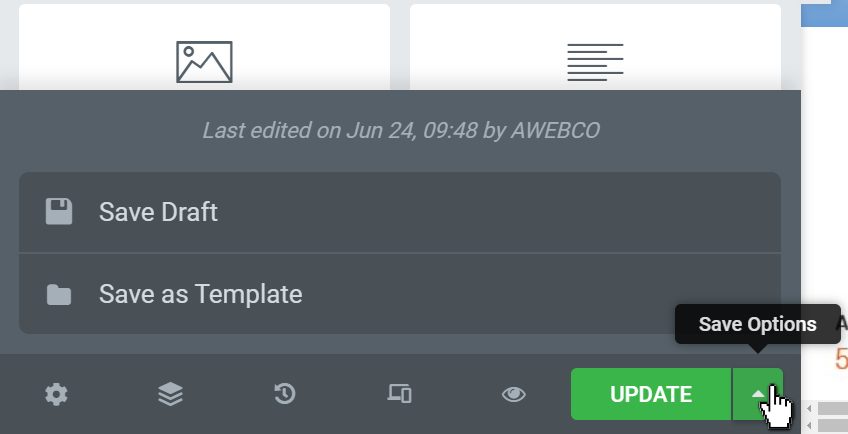 Page save options available for Elementor - Publish, Update, Save draft