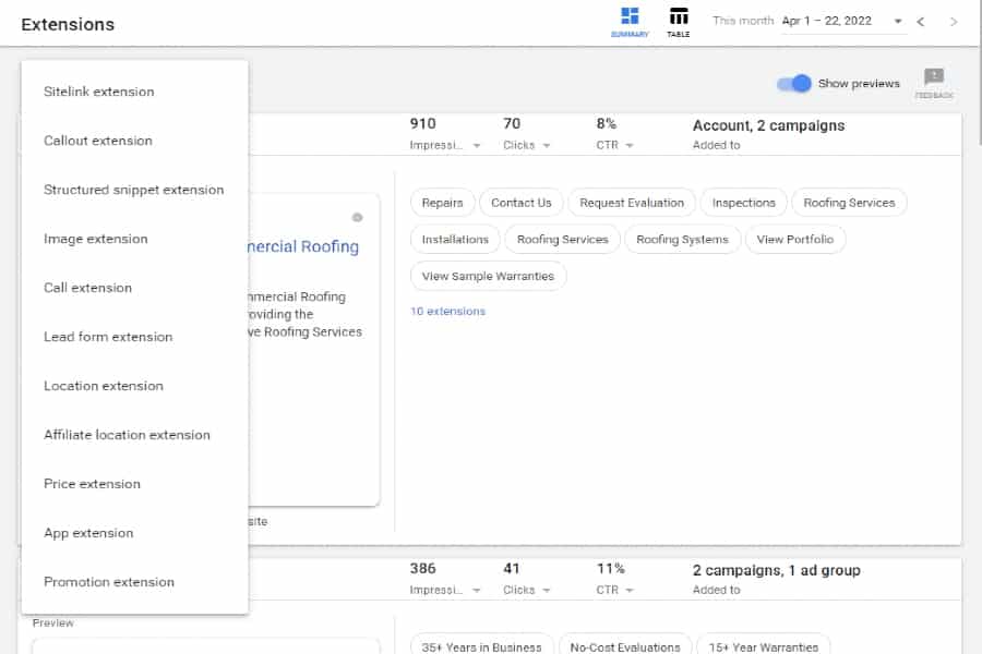 Roofing Company Ad Extensions Google Ads