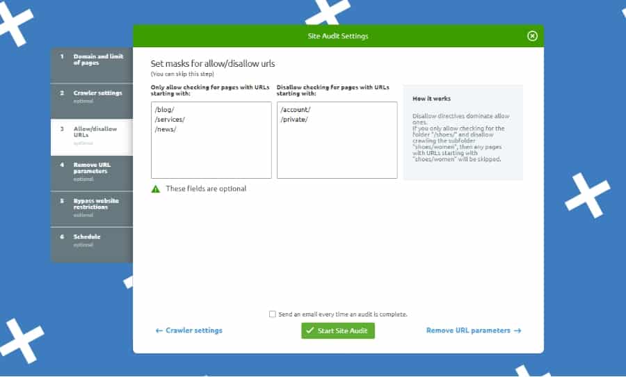 Site Audit Setup Allow Disallow Urls