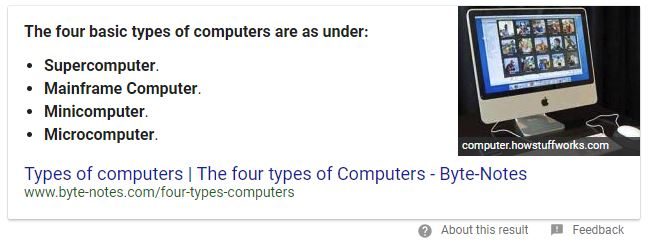 Types of Computer Featured Snippet Result